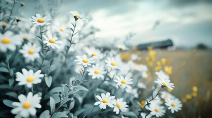 High-speed train racing through an open landscape adorned with vibrant white and gray flowers under a serene sky