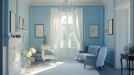 Serene Blue Living Room with Elegant Decor and Natural Light