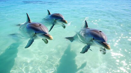 Obraz premium Three dolphins swimming in clear turquoise water.
