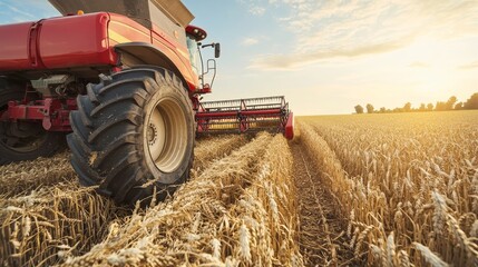 Obraz premium Harvesting Abundance Close-Up Red Combine Harvester in Golden Wheat Field at Sunrise - Agricultural Machinery and Harvest Concept