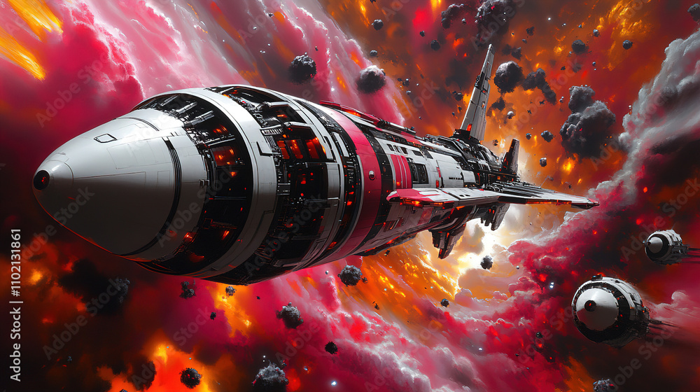 Aufkleber futuristic spaceship navigates through a vibrant cosmic landscape filled with swirling colors and as