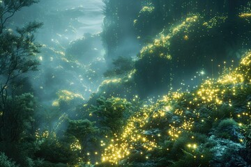 Fototapeta premium Enchanting Forest with Glowing Lights and Mist