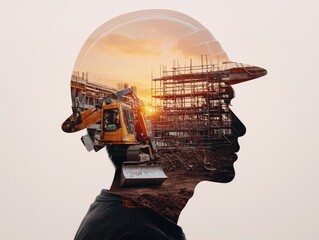 Innovative Double Exposure Portrait of Construction Worker with Sunset Construction Site - Industry Fusion Concept