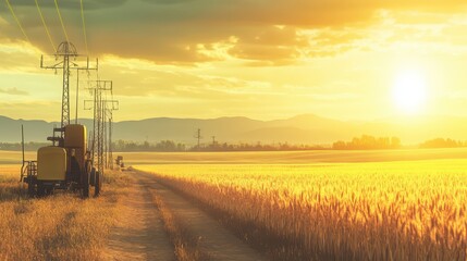 Irrigation Power Generator in Golden Harvest: Wide Landscape Perspective with Surrounding Farm Equipment. Professional Agricultural Technology Documentation.
