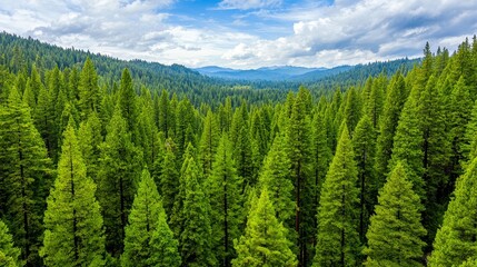 Fototapeta premium Lush Evergreen Forest Expanses Under Dramatic Sky, Showcasing Nature's Serenity and Rich Greenery in a Majestic Mountainous Landscape