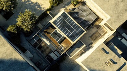 Obraz premium Aerial View of Solar Power Station: Midday Sunlight Illuminates Panel Array Infrastructure, Showcasing Grid-Scale Renewable Energy Installation in Photorealistic Detail.