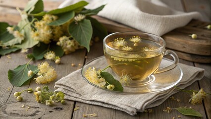 A refreshing cup of herbal linden tea with delicate flowers floating in the clear liquid, surrounded by fresh leaves and rustic linen fabric. The natural, calming tones of the image create a peaceful,