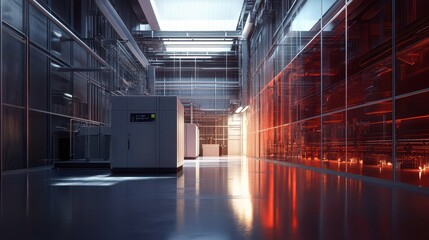 Large-scale data center backup power generator installation: Controlled lighting, wide architectural view, and detailed technological infrastructure in ultra-precise commercial documentation.