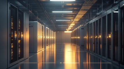 Large-scale data center backup power generator installation: Controlled lighting, wide architectural view, and detailed technological infrastructure in ultra-precise commercial documentation.