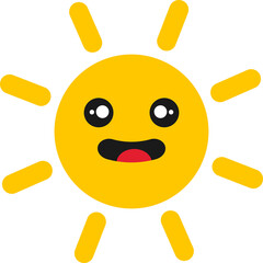 Cartoon-style sun with a smiling face, yellow circle, eight rays, large black eyes, white highlights, wide open mouth, red tongue.
