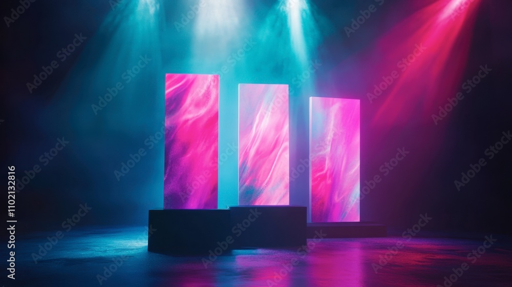 Poster vibrant abstract light display with three panels and colorful glow