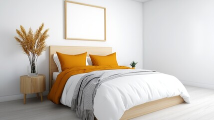 Cozy Modern Bedroom with Bright Orange Accents and Minimalist Decor Featuring Bed, Soft Textiles, Wooden Furniture, and Elegant Plants