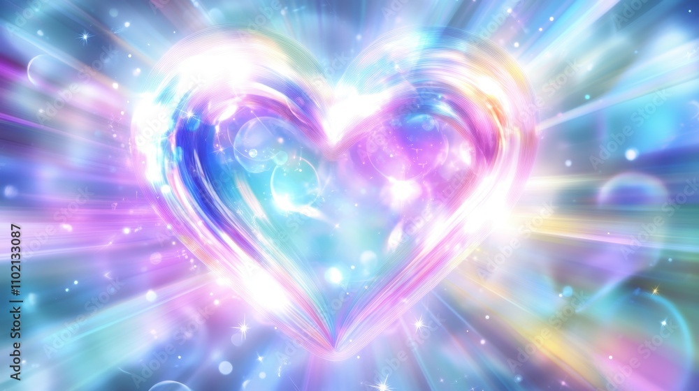 Poster colorful heart shape with vibrant light rays and soft bokeh effects