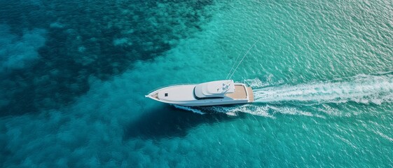 Luxurious White Motor Yacht Sailing on Turquoise Waters - Serene Aerial View of Elegant Boat in Motion, Peaceful Ocean Scene