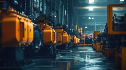 Stationary Industrial Generator in a Manufacturing Facility: Early Morning Soft Lighting, Ground-Level Perspective, Complex Machinery Background, Ultra-Sharp Documentation Style.