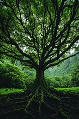 Obraz premium Majestic Ancient Tree in Enchanting Forest Canopy - Tranquil Natural Wonder in Lush Greenery Environmental Harmony and Serenity Concept