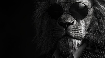 Artistic lion illustration with sleek sunglasses and pinstripe suit bold and detailed black-and-white concept merging elegance and wildness