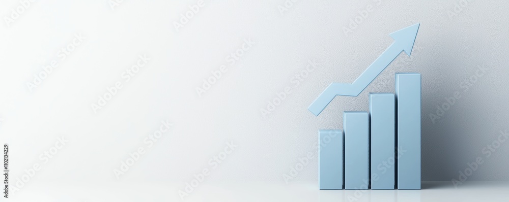 Poster blue 3d bar chart with ascending bars and an upward arrow isolated on a white background symbolizing