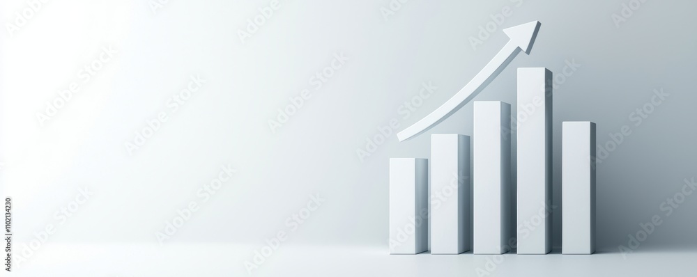 Poster white 3d bar chart with ascending bars and an upward arrow isolated on a white background symbolizin