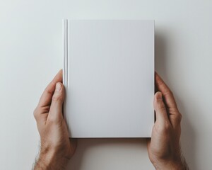 Obraz premium Minimalist Symmetry Blank White Book in Hands on Off-White Surface - Clean, Serene Mockup for Cover Designs