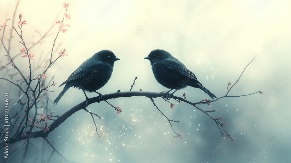 Poster two birds perched quietly on a delicate branch surrounded by soft, ethereal light in a tranquil sett