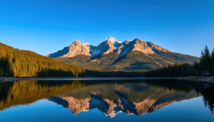 Fototapeta premium Majestic mountains reflected in a calm lake at sunrise.