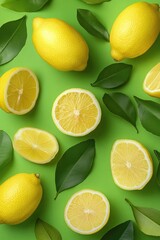 Fototapeta premium Lemons with Leaves on Green Surface