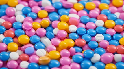 Obraz premium Vibrant assortment of colorful round candies or pills scattered across the frame, creating a playful and eye-catching pattern of blue, pink, yellow, and white.