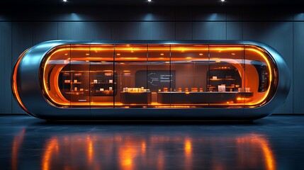 Obraz premium Futuristic retail kiosk with orange lighting, sleek design, and product display.