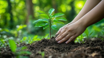 Hands Gently Planting A Young Green Sapling In Soil