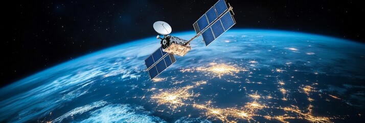 Satellite Orbiting Earth: Technology and Innovation - Satellite in Earth orbit showcasing global communication, technological advancement, space exploration, future innovation, and global connectivity