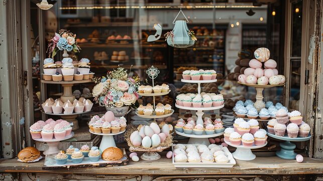 Charming bakery window showcasing easter themed pastries with pastel cakes and cupcakes displayed