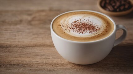Fototapeta premium A cozy cup of coffee with frothy milk and a sprinkle of cocoa, resting on a wooden table beside coffee beans.