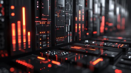 Rows of black servers with glowing red and orange LED indicators inside a data center. The image depicts a high-tech, secure, and efficient data storage environment, ideal for cloud computing concepts
