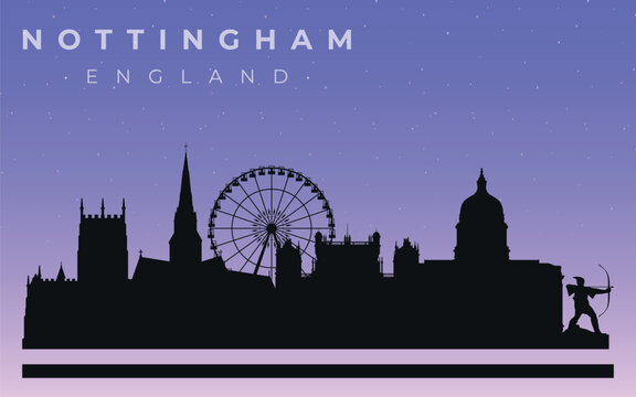 Black silhouette of the skyline of Nottingham. Vector on the background of the night starry sky.