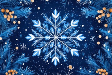 Blue Snowflake Winter Design With Pine Branches