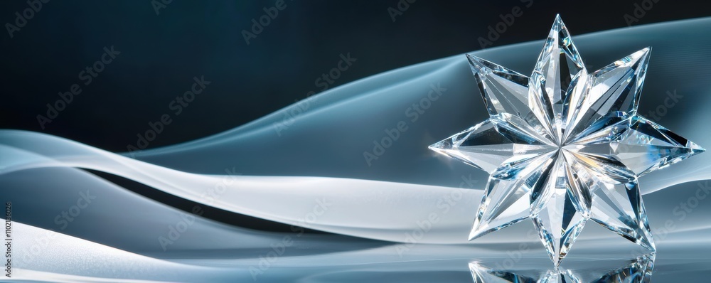 Poster faceted crystal star glowing warmly in a dark setting abstract blue swirls and light effects adding 
