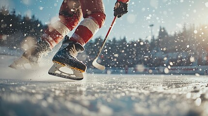 Ice Hockey Player Skates On Snowy Winter Ice