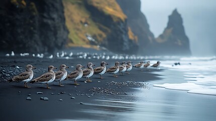 A group of seabirds resting on the black sand with jagged cliffs in the background