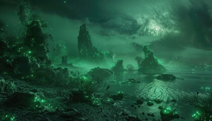 Fototapeta premium Glowing Rock Formations and Stars in a Night Sky Over a Tranquil Body of Water