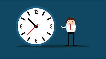 Happy Businessman Showing Time on Clock Flat Style. Managing business and organizing work day vector art
