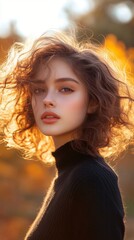 Naklejka premium Ethereal beauty captured in golden hour light: a young woman with windswept curls and luminous skin gazes pensively, her features softly illuminated against a warm, blurred backdrop.