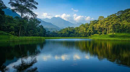 Serene Mountain Lake Landscape - Peaceful lake reflecting mountains, lush greenery, tranquility, nature, serenity.