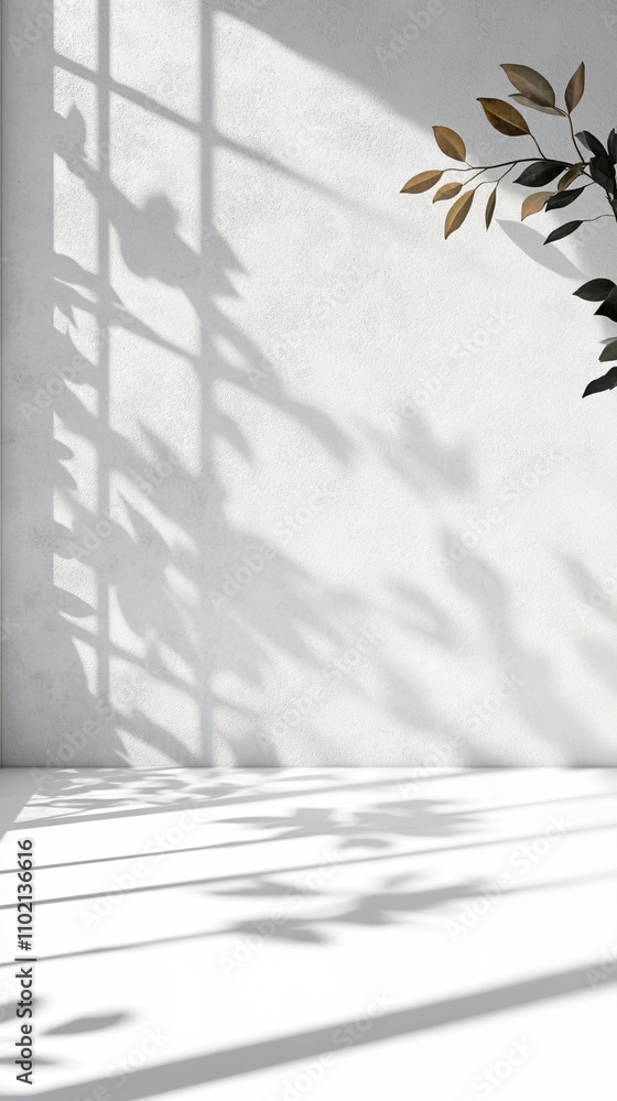 Poster sunlight casts intricate shadows of delicate leaves on a pristine white wall, creating a mesmerizing