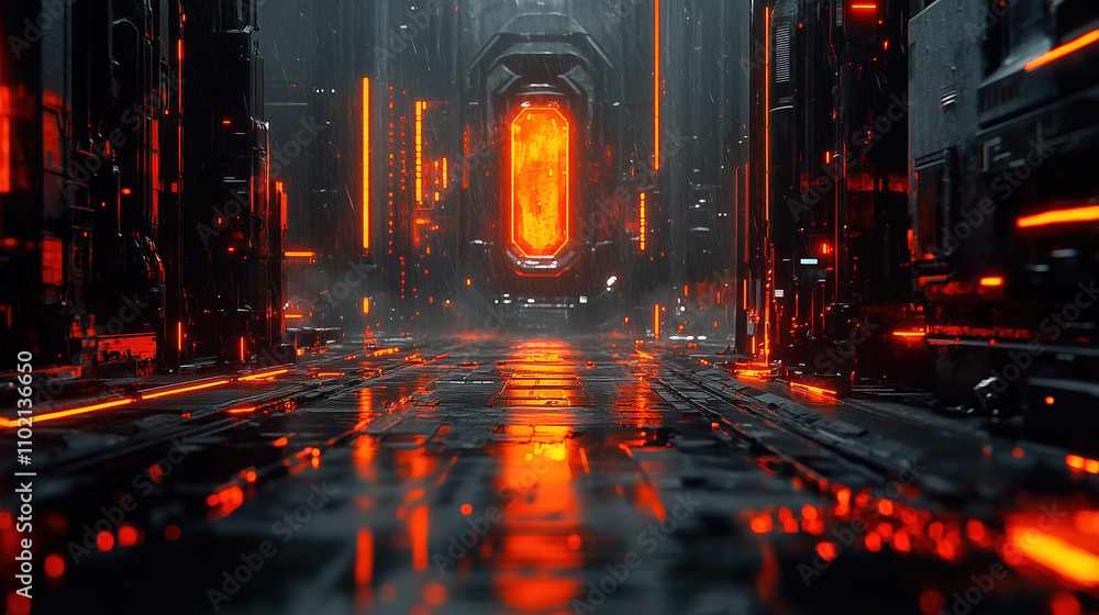 Aufkleber futuristic corridor illuminated by orange lights with a glowing portal at the end, creating an atmos