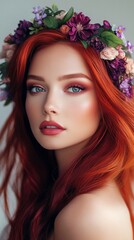 Fototapeta premium Ethereal beauty adorned with vibrant floral crown, fiery red hair cascading, piercing gaze and rosy lips create a mesmerizing portrait of natural elegance and feminine allure.