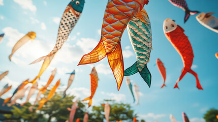 Colorful fish kites flying against bright blue sky, creating joyful scene