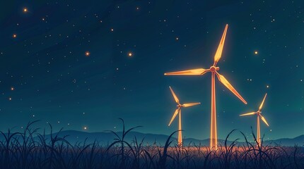 Shining wind turbines stand in a field. These objects are made up of simple shapes, such as triangles, lines, and points. illustration shows how wind energy can be a clean, sustainable energy source.