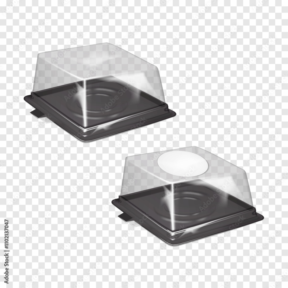 Wall mural square plastic cake carrier box with clear dome lid and white blank round label sticker. realistic 3