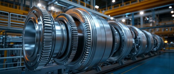 Fototapeta premium Precision Engineered Metal Gears Detailed Macro View of Industrial Machine in High-Tech Setting - Technological Power and Sophistication